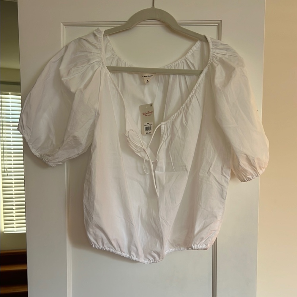 Women's Solid Puff Sleeve Tie Neck Top - Picture 5 of 6